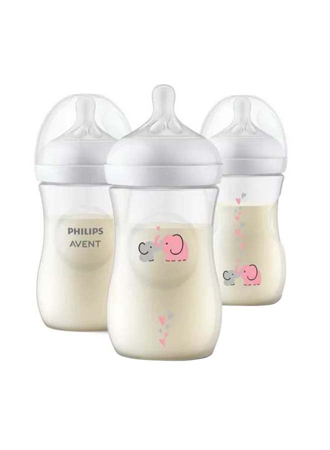 Philips Avent Natural Baby Bottle With Natural Response, Pink Elephant Design, 260 ml, Medium Flow (Flow 3), 3 Pieces