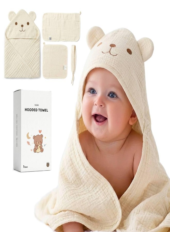 Kcikn Baby Hooded Towels Newborn, 100% Cotton Extra Large 32"x32" Toddler Bath Towel with Bear Ear Hood & Burp Cloth & Washcloths - Soft Absorbent for 0-24 Months Baby Boy Girl -Beige - Image 1