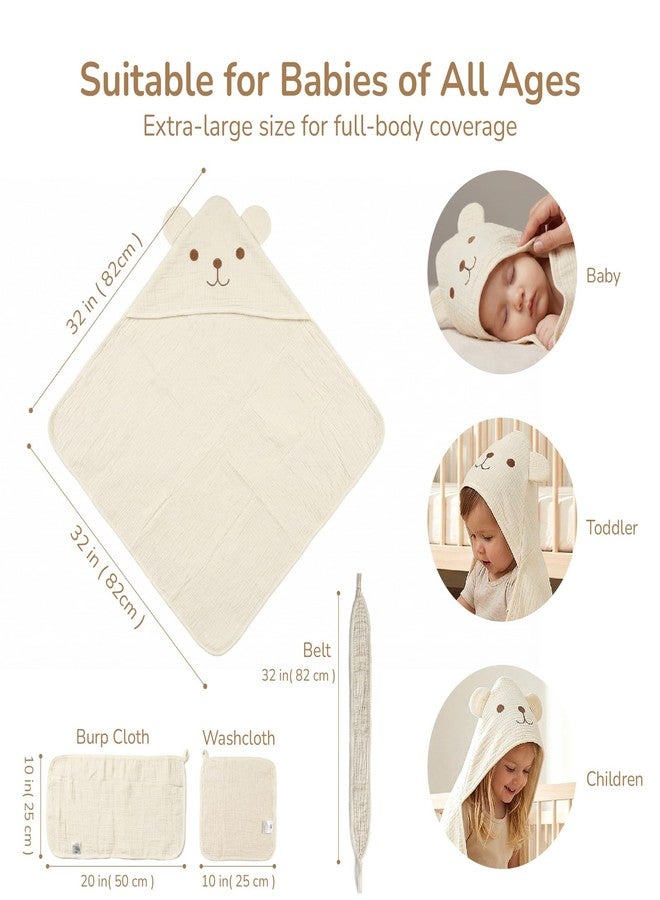 Kcikn Baby Hooded Towels Newborn, 100% Cotton Extra Large 32"x32" Toddler Bath Towel with Bear Ear Hood & Burp Cloth & Washcloths - Soft Absorbent for 0-24 Months Baby Boy Girl -Beige - Image 2