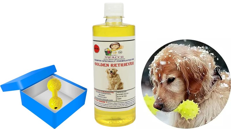 swacch Golden Retriever Dog Shampoo + Dumbbell Toy I Durable Rubber Dog Toy for Chewing I Playing,Teeth Cleaning & Training Toy I Combo Pack I 500ml Lemon - Image 1