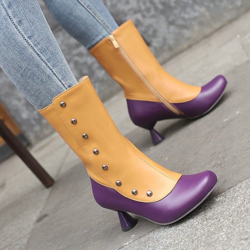 2023 Style Rivets Color Matching Fashion Boots Round Head Side Zipper Wine Cup With Short Boots - Image 2