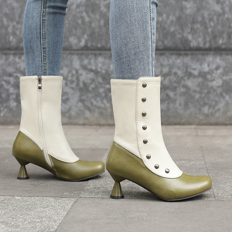 2023 Style Rivets Color Matching Fashion Boots Round Head Side Zipper Wine Cup With Short Boots - Image 3