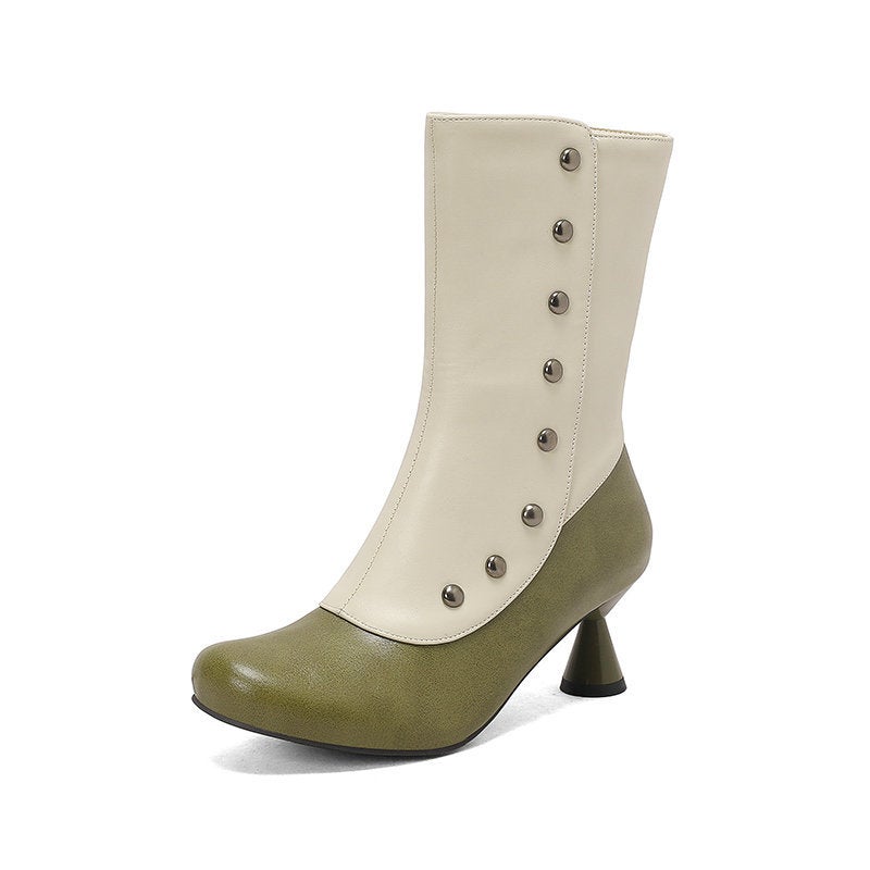 2023 Style Rivets Color Matching Fashion Boots Round Head Side Zipper Wine Cup With Short Boots - Image 1