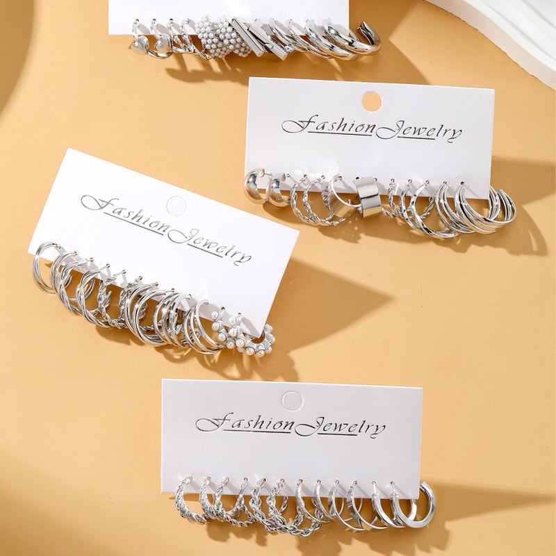 17IF 24 Pairs Silver Earring Set for Women, Chunky Earring Multipack Punk Trendy Big Small Stud Hoop Earring Lightweight Twisted Pearl Ear Pack For Daily Birthday Party - Image 5