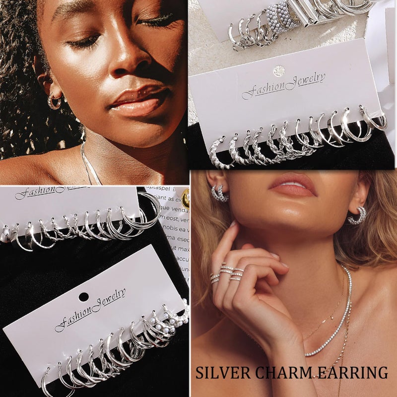 17IF 24 Pairs Silver Earring Set for Women, Chunky Earring Multipack Punk Trendy Big Small Stud Hoop Earring Lightweight Twisted Pearl Ear Pack For Daily Birthday Party - Image 3