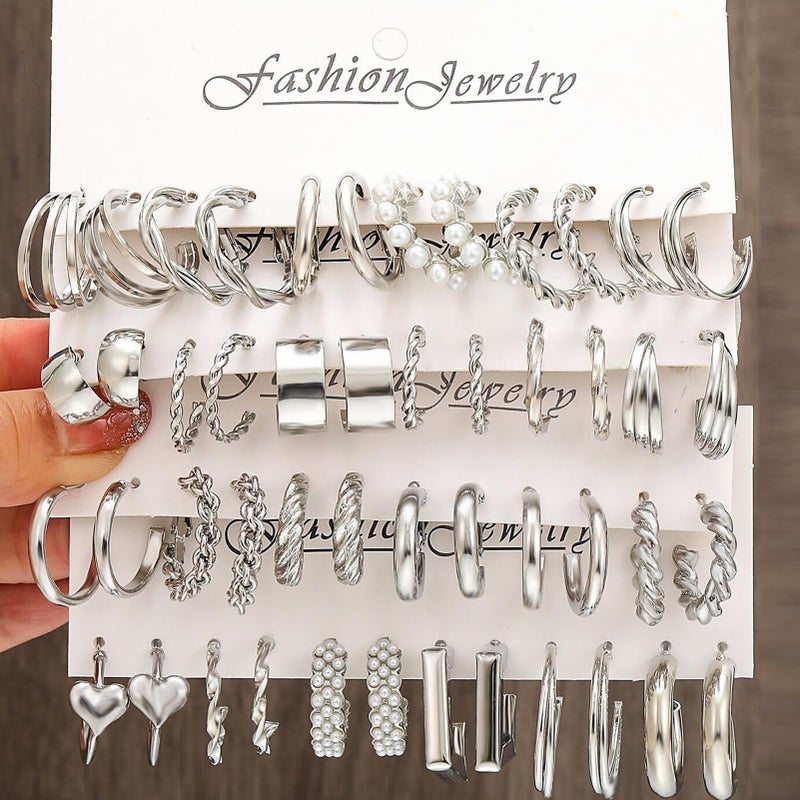 17IF 24 Pairs Silver Earring Set for Women, Chunky Earring Multipack Punk Trendy Big Small Stud Hoop Earring Lightweight Twisted Pearl Ear Pack For Daily Birthday Party - Image 2