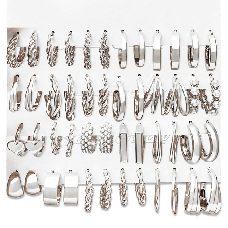 17IF 24 Pairs Silver Earring Set for Women, Chunky Earring Multipack Punk Trendy Big Small Stud Hoop Earring Lightweight Twisted Pearl Ear Pack For Daily Birthday Party - Image 1