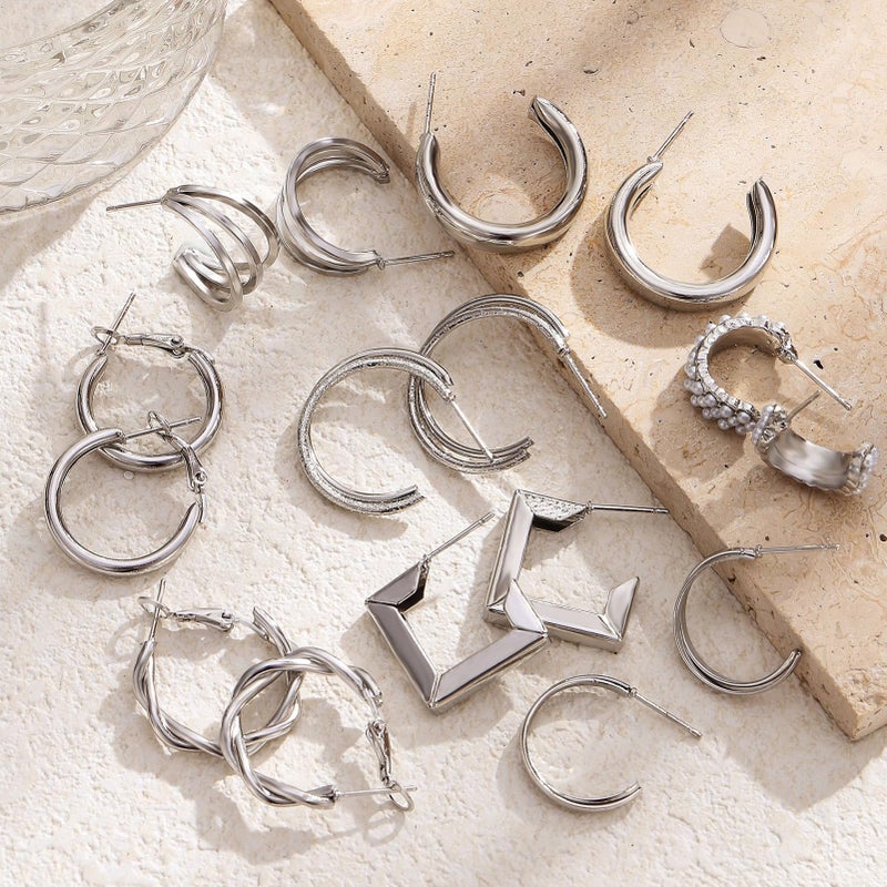 17IF 24 Pairs Silver Earring Set for Women, Chunky Earring Multipack Punk Trendy Big Small Stud Hoop Earring Lightweight Twisted Pearl Ear Pack For Daily Birthday Party - Image 4