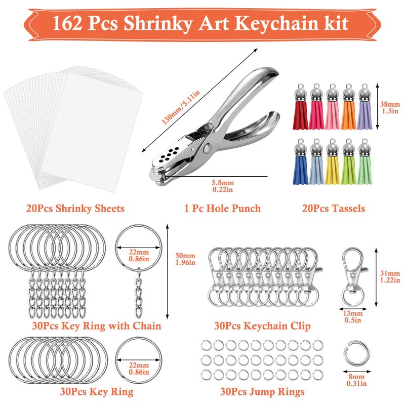 cridoz 162 Shrinky Sheets Keychain kit, Including 20 Sheets Shrinky Plastic Paper, Tassels, Keychain Clip, Split Key Rings, Key Rings with Chain, Jump Rings, Hole Punch for Creative - Image 2