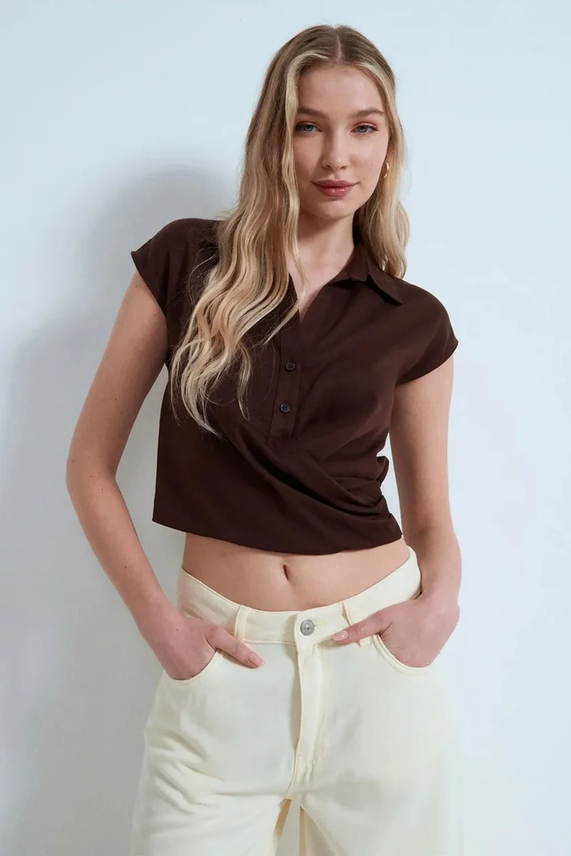 Dilvin Coffee Brown DILVIN Crop Tencel Poplin Blouse for Women | Best Price UAE