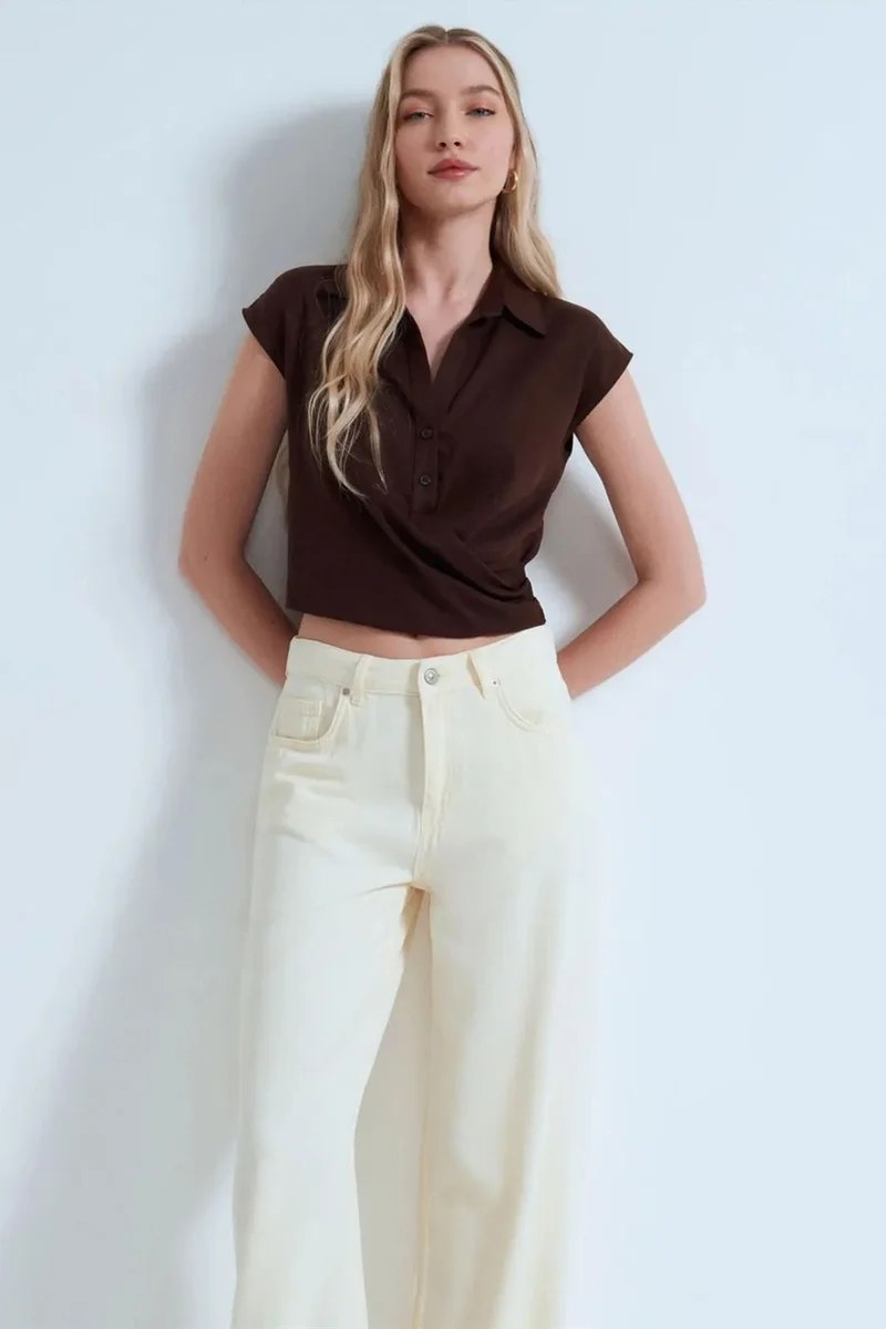 Dilvin Coffee Brown DILVIN Crop Tencel Poplin Blouse for Women | Best Price UAE
