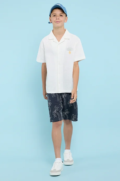 R&B Embroidery Detail Shirt with Revere Collar and Short Sleeves
