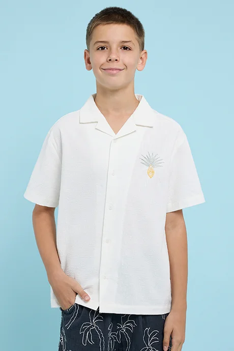 R&B Embroidery Detail Shirt with Revere Collar and Short Sleeves