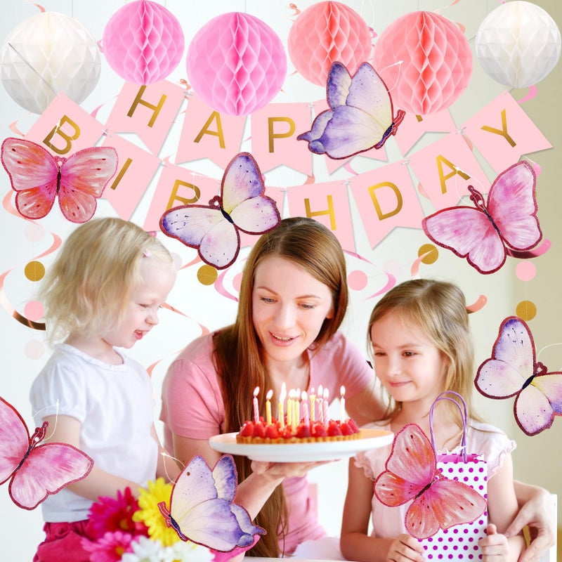 meowtastic Birthday Decorations, Happy Birthday Banner with Honeycomb Balls, Butterfly Hanging Swirl Streamers, Circle Dots Garland, Happy Birthday Party Decorations for Women Men Boys Girls (Pink) - Image 5