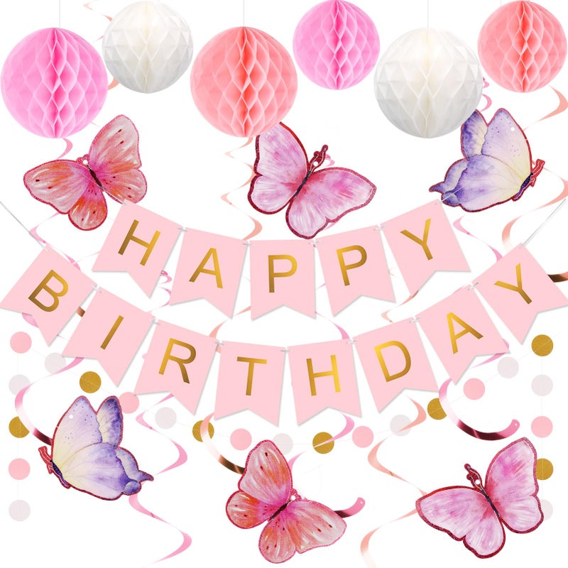 meowtastic Birthday Decorations, Happy Birthday Banner with Honeycomb Balls, Butterfly Hanging Swirl Streamers, Circle Dots Garland, Happy Birthday Party Decorations for Women Men Boys Girls (Pink) - Image 1