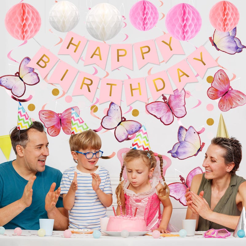 meowtastic Birthday Decorations, Happy Birthday Banner with Honeycomb Balls, Butterfly Hanging Swirl Streamers, Circle Dots Garland, Happy Birthday Party Decorations for Women Men Boys Girls (Pink) - Image 3