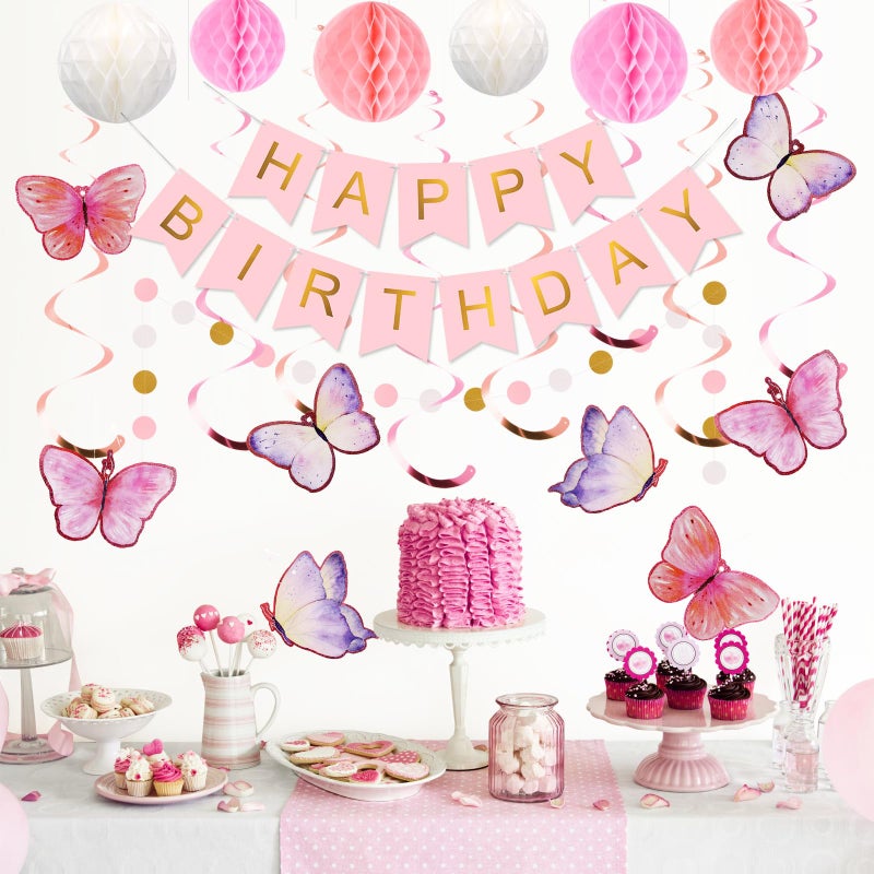 meowtastic Birthday Decorations, Happy Birthday Banner with Honeycomb Balls, Butterfly Hanging Swirl Streamers, Circle Dots Garland, Happy Birthday Party Decorations for Women Men Boys Girls (Pink) - Image 2
