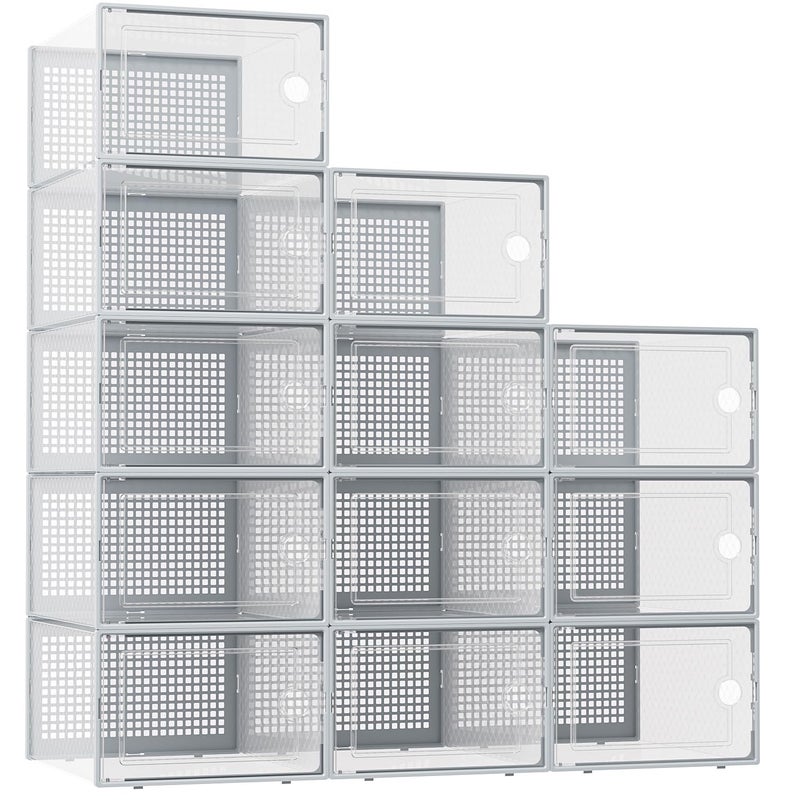 Kuject XX-Large Shoe Storage Boxes Organizers Clear Plastic Stackable 12 Pack, Shoe Rack & Holder Substitute, Sneaker Containers, Shoe Storage Organizer Bins for Closet, Under Bed, Grey(No Fold Line) - Image 1