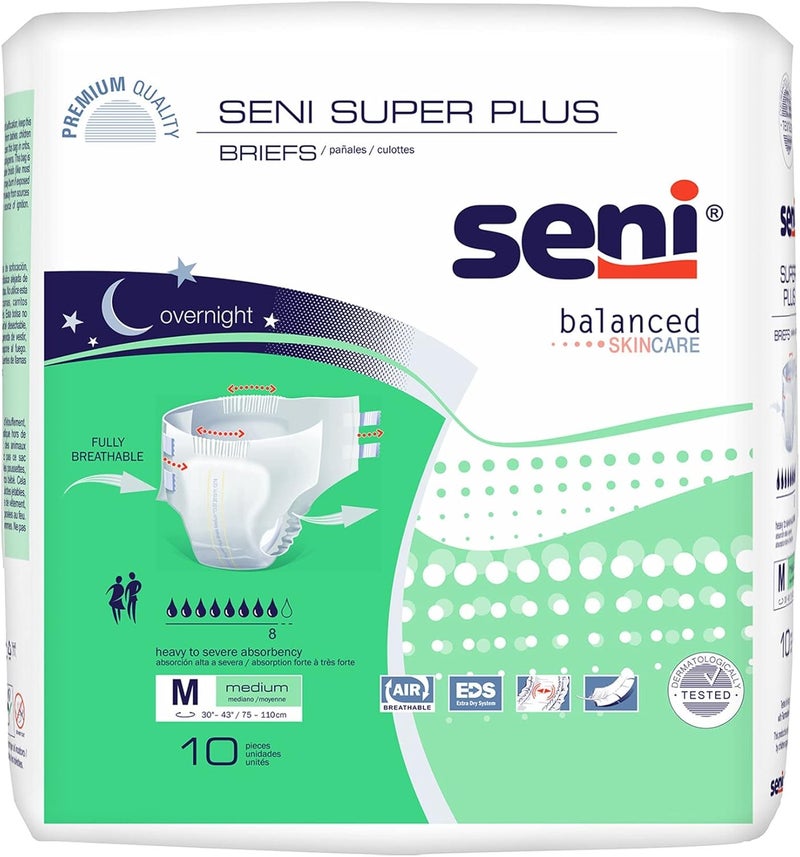 SENI Super Plus Briefs 40 Count Medium 30 in to 43 in Incontinence Adult Diapers with Tabs Heavy to Severe Absorbency Unisex Disposable Overnight Brief for Men Women - Image 1