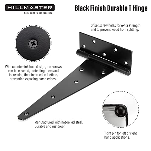 HILLMASTER 12 Inch T-Strap Heavy Duty Shed Door Hinges Gate Strap Hinges Black Tee Hinge Wrought Hardware for Wooden Fences,Yard,Barn Door,Rustproof (2 Pack) - Image 3