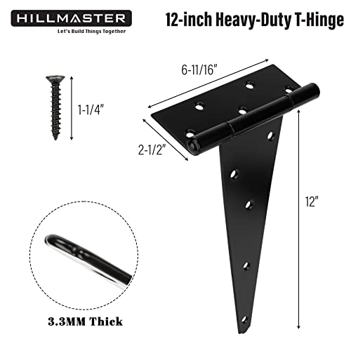 HILLMASTER 12 Inch T-Strap Heavy Duty Shed Door Hinges Gate Strap Hinges Black Tee Hinge Wrought Hardware for Wooden Fences,Yard,Barn Door,Rustproof (2 Pack) - Image 2