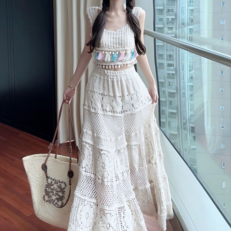 2023 Spring and Summer New Slim Character Large Swing Loose Waist Flesh Covering Wool Crochet Hollow Midi Dress for suit Women White two-piece suit (jacket long skirt