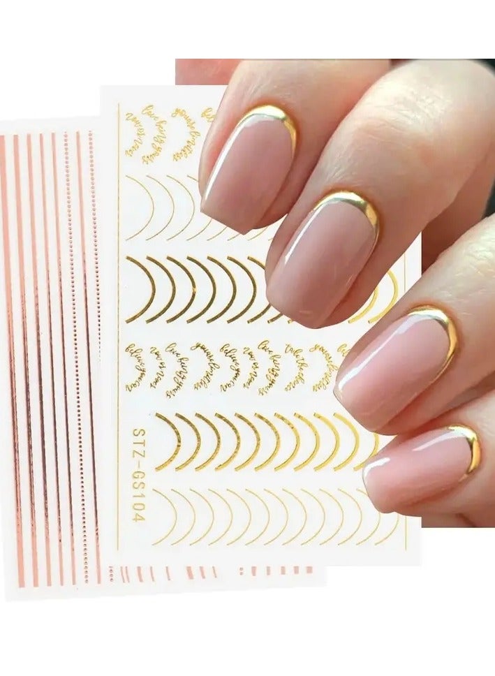 أوريتي ملصقات أظافر ثلاثية الأبعاد بخطوط بسيطة وحروف معدنية وردية ذهبية اللون وملصقات أظافر جل منحنية وديكور أظافر - Image 1