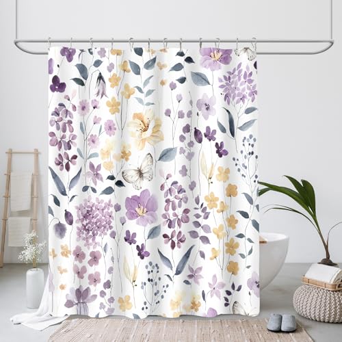 MAYZUS Purple Lavender Cute Floral Shower Curtain, Spring Summer Flower Fabric Shower Curtains for Bathroom, Watercolor Wildflower Butterfly Cloth Shower Curtain Set with Hooks, 72x72 - Image 2