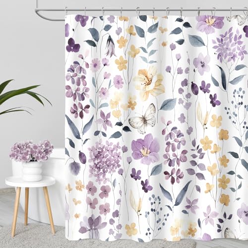 MAYZUS Purple Lavender Cute Floral Shower Curtain, Spring Summer Flower Fabric Shower Curtains for Bathroom, Watercolor Wildflower Butterfly Cloth Shower Curtain Set with Hooks, 72x72 - Image 1