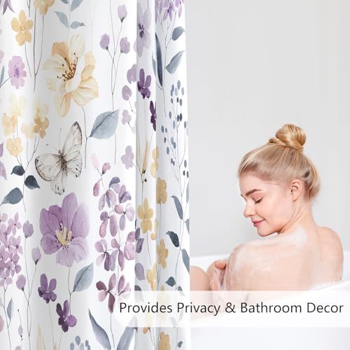 MAYZUS Purple Lavender Cute Floral Shower Curtain, Spring Summer Flower Fabric Shower Curtains for Bathroom, Watercolor Wildflower Butterfly Cloth Shower Curtain Set with Hooks, 72x72 - Image 3