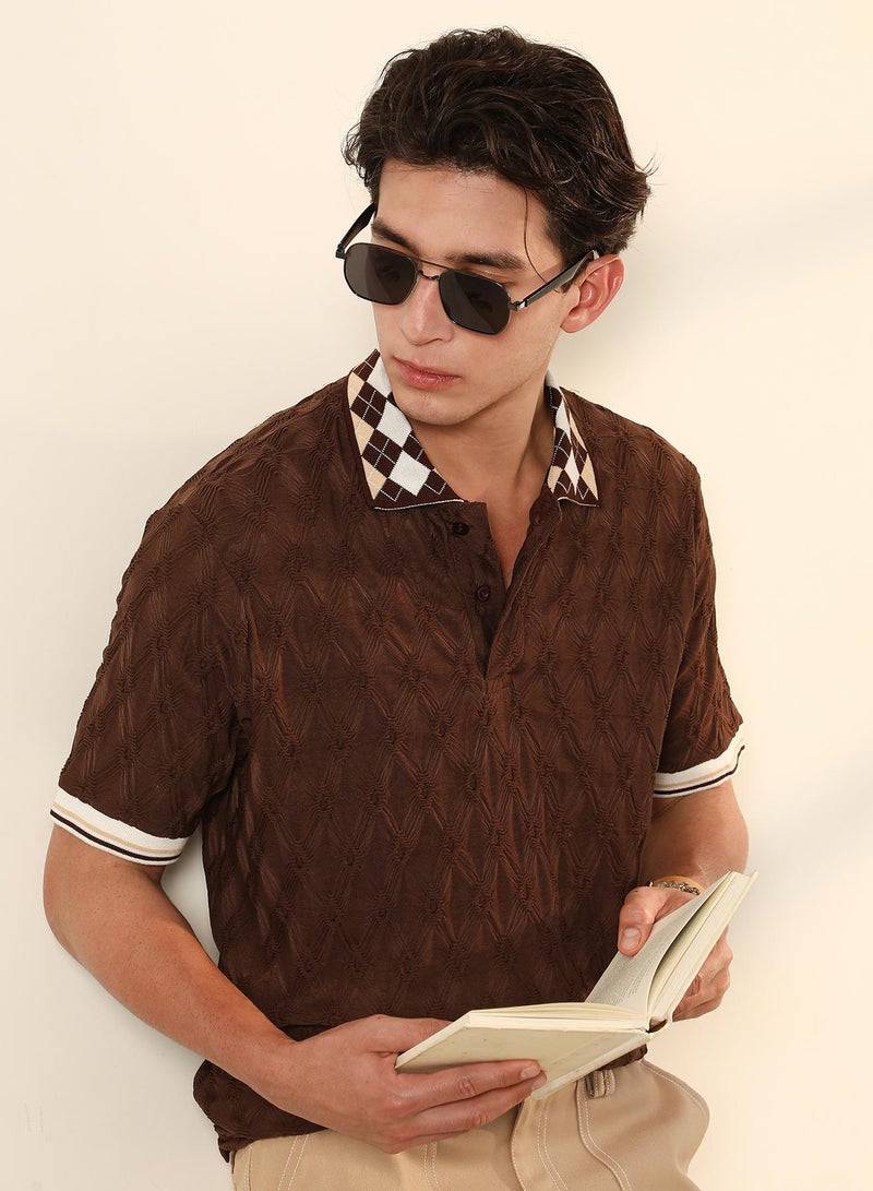 Campus Sutra Campus Sutra Men's Chocolate Brown Block Argyle-Knit Polo T-Shirt | Textured Knit Design with Argyle Pattern Collar | Cotton-Blend Fabric for Casual & Street Wear | Regular Fit & Breathable Material - Image 1