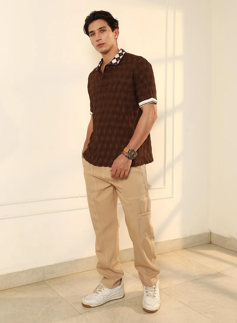 Campus Sutra Campus Sutra Men's Chocolate Brown Block Argyle-Knit Polo T-Shirt | Textured Knit Design with Argyle Pattern Collar | Cotton-Blend Fabric for Casual & Street Wear | Regular Fit & Breathable Material