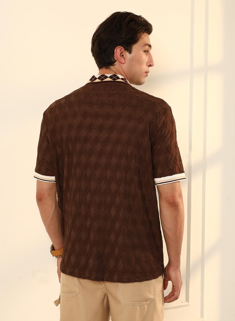 Campus Sutra Campus Sutra Men's Chocolate Brown Block Argyle-Knit Polo T-Shirt | Textured Knit Design with Argyle Pattern Collar | Cotton-Blend Fabric for Casual & Street Wear | Regular Fit & Breathable Material - Image 5