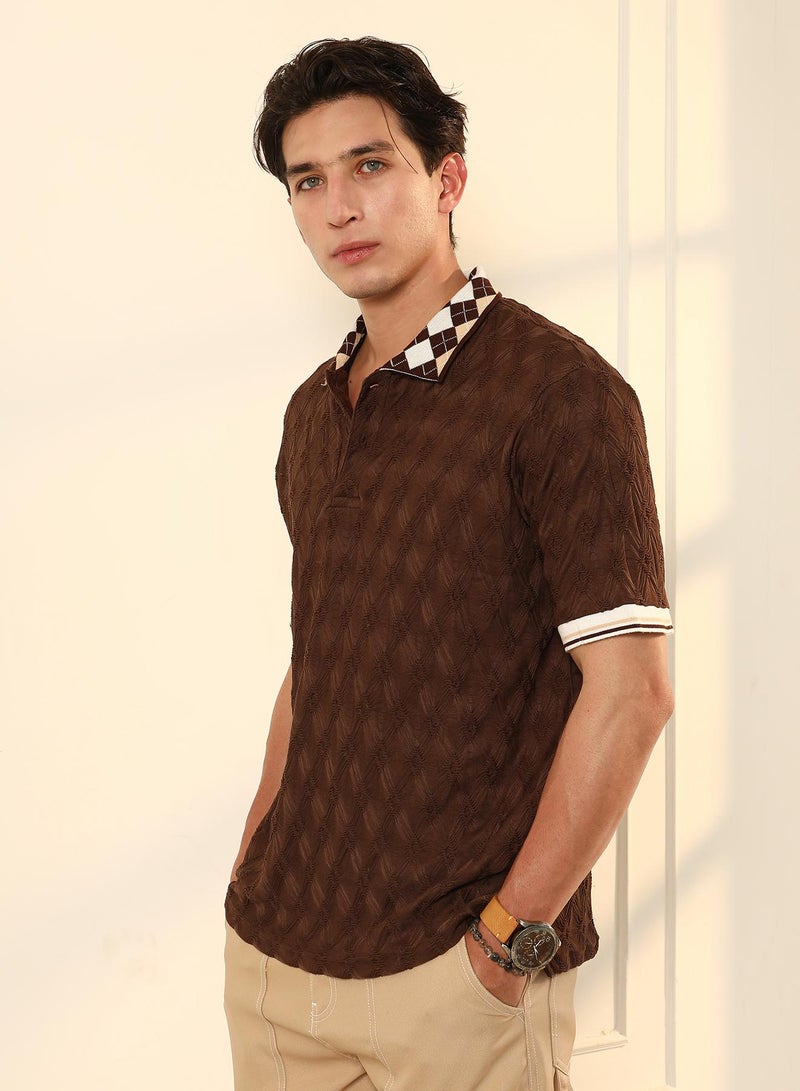 Campus Sutra Campus Sutra Men's Chocolate Brown Block Argyle-Knit Polo T-Shirt | Textured Knit Design with Argyle Pattern Collar | Cotton-Blend Fabric for Casual & Street Wear | Regular Fit & Breathable Material - Image 3