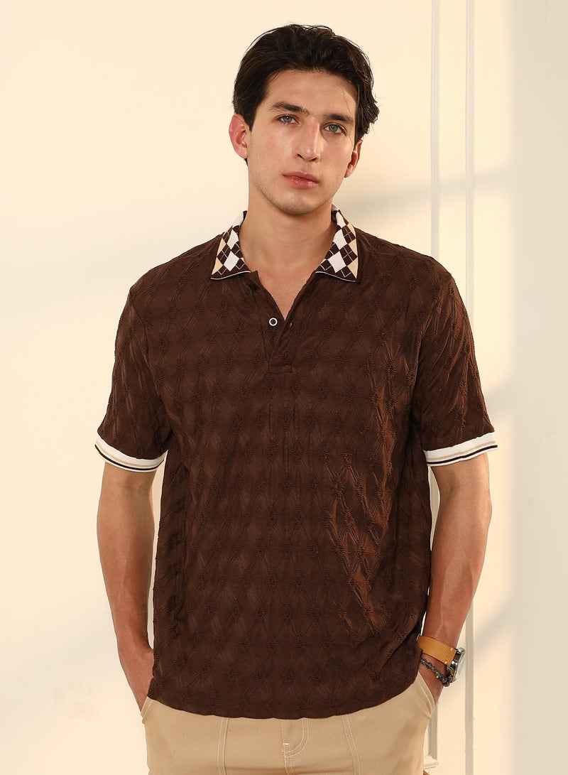 Campus Sutra Campus Sutra Men's Chocolate Brown Block Argyle-Knit Polo T-Shirt | Textured Knit Design with Argyle Pattern Collar | Cotton-Blend Fabric for Casual & Street Wear | Regular Fit & Breathable Material - Image 2