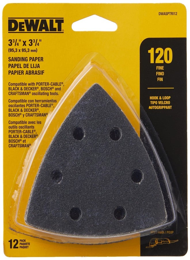 DEWALT DWASPTRI12 Hook and Loop Triangle 120 Grit Sandpaper, 12-Pack, Black - Image 1