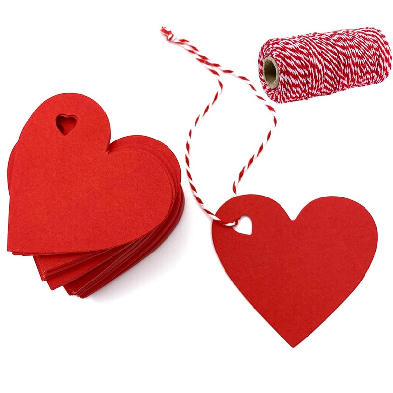 FUGUIR 100 Pcs Red Gift Tags Valentine Heart Shaped Paper Tags Red Heart Cutouts with 300 Feet String for Valentines Day Mothers Day Wedding Party Gift Wrapping Hang Labels - Image 1