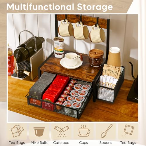 DGWJSU Tea Bag Organizer, Wood Tea Organizer and Storage Cheast, Tea Bag Holder with Storage Drawer, 4 Hooks for Tea Cups Holder, Tea Station Chest Display Container Box for Countertop Kitchen - Image 4