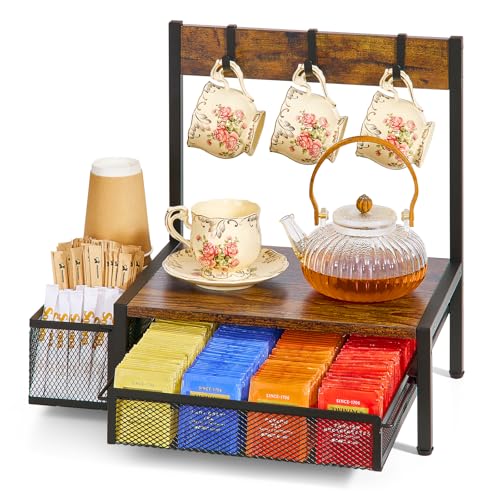 DGWJSU Tea Bag Organizer, Wood Tea Organizer and Storage Cheast, Tea Bag Holder with Storage Drawer, 4 Hooks for Tea Cups Holder, Tea Station Chest Display Container Box for Countertop Kitchen - Image 1