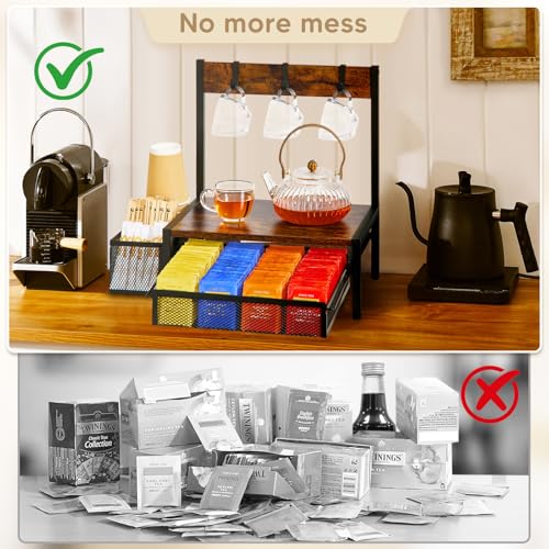 DGWJSU Tea Bag Organizer, Wood Tea Organizer and Storage Cheast, Tea Bag Holder with Storage Drawer, 4 Hooks for Tea Cups Holder, Tea Station Chest Display Container Box for Countertop Kitchen - Image 5