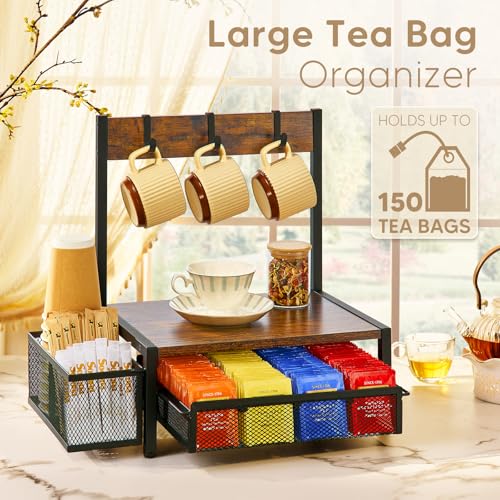 DGWJSU Tea Bag Organizer, Wood Tea Organizer and Storage Cheast, Tea Bag Holder with Storage Drawer, 4 Hooks for Tea Cups Holder, Tea Station Chest Display Container Box for Countertop Kitchen - Image 2