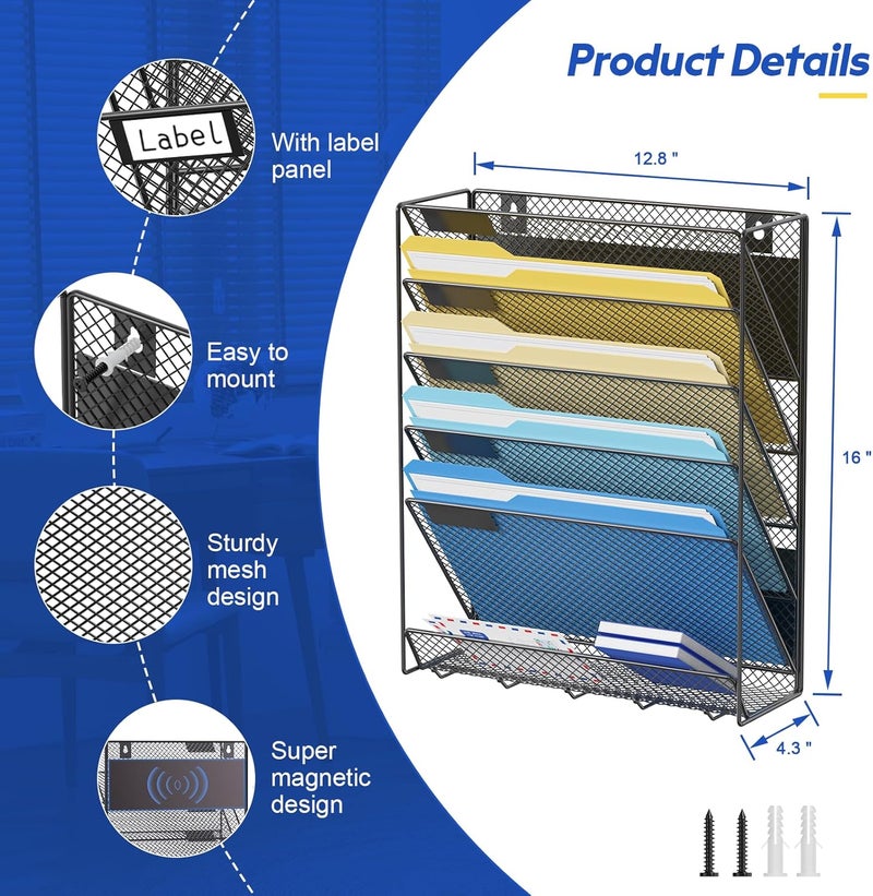 Samstar Magnetic Wall File Holder, 6-Tier Hanging Wall File Organizer Wall Mount Paper File Folder Mail Organizer for Office/School, Magnetic - Image 3