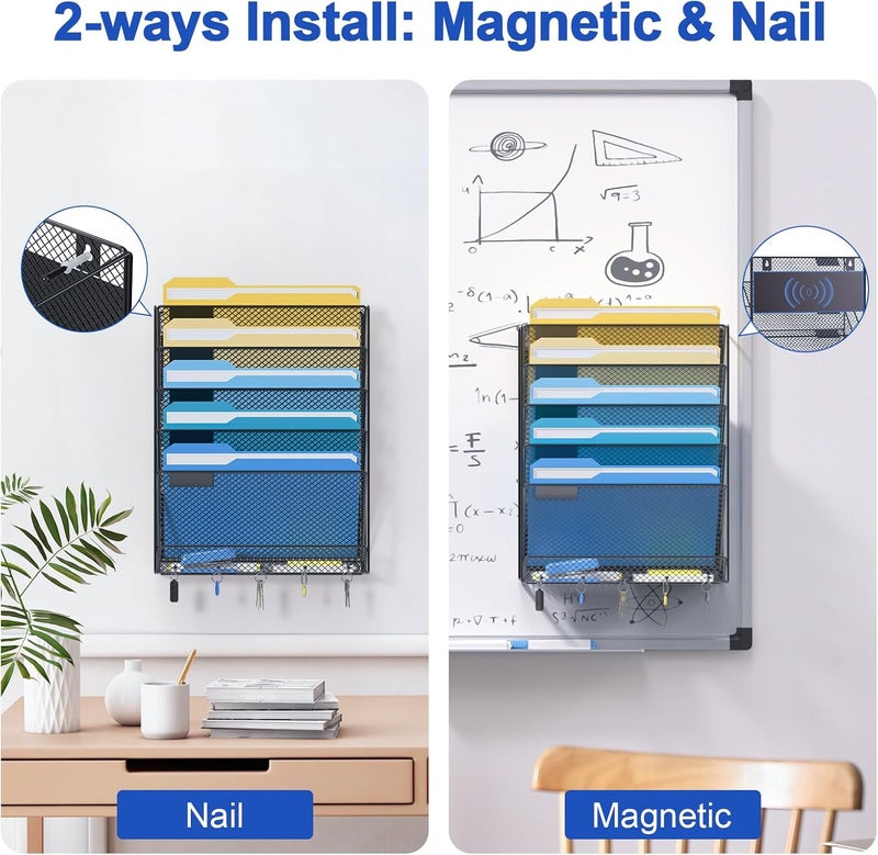 Samstar Magnetic Wall File Holder, 6-Tier Hanging Wall File Organizer Wall Mount Paper File Folder Mail Organizer for Office/School, Magnetic - Image 4