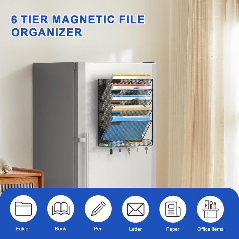 Samstar Magnetic Wall File Holder, 6-Tier Hanging Wall File Organizer Wall Mount Paper File Folder Mail Organizer for Office/School, Magnetic - Image 2
