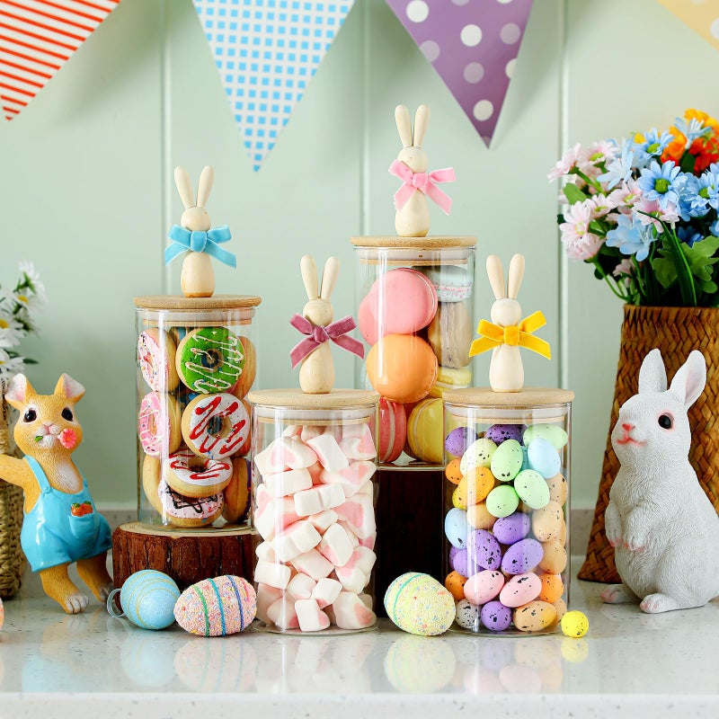 Nitial 4 Pcs Easter Glass Jar with Cap Bunny Ear Egg Clear Candy Jar Decorative Food Storage Canister with Airtight Ceramic Lid for Eater Party Tea Cookie Table Decoration (22 oz,Wooden Rabbit) - Image 3