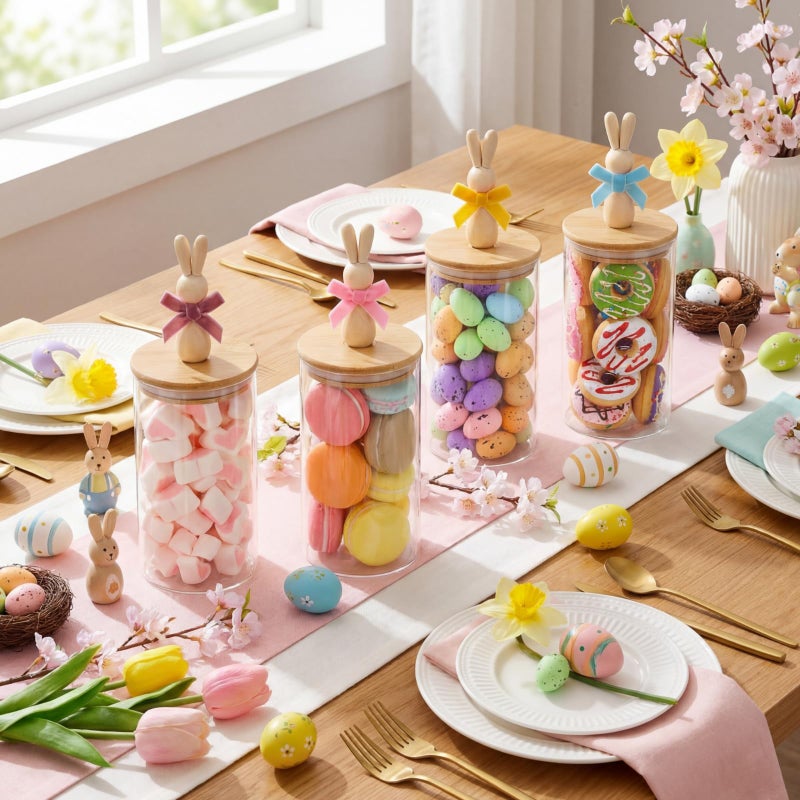 Nitial 4 Pcs Easter Glass Jar with Cap Bunny Ear Egg Clear Candy Jar Decorative Food Storage Canister with Airtight Ceramic Lid for Eater Party Tea Cookie Table Decoration (22 oz,Wooden Rabbit) - Image 4