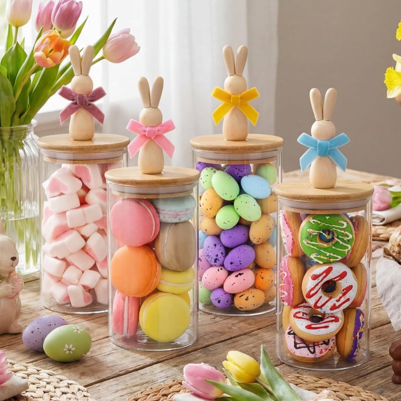 Nitial 4 Pcs Easter Glass Jar with Cap Bunny Ear Egg Clear Candy Jar Decorative Food Storage Canister with Airtight Ceramic Lid for Eater Party Tea Cookie Table Decoration (22 oz,Wooden Rabbit) - Image 1