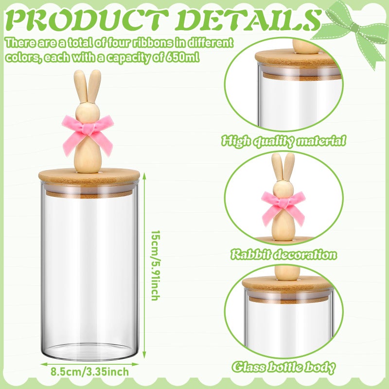 Nitial 4 Pcs Easter Glass Jar with Cap Bunny Ear Egg Clear Candy Jar Decorative Food Storage Canister with Airtight Ceramic Lid for Eater Party Tea Cookie Table Decoration (22 oz,Wooden Rabbit) - Image 2
