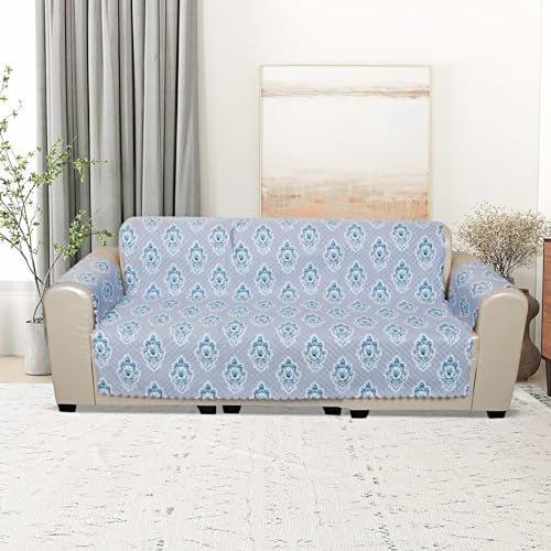 KINGLY Velvet Quilted Universal Elastic Sofa Cover Non-Slip Sofa Protector 5 Seater Armchair Cover with Machine Washable Adjustable Elastic Straps (3+2 Seater) (Columbia_Blue) - Image 1