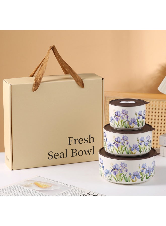 Ceramic Preservation Bowl Set With Wind Chime Flower Design, Three-piece Set With Lid, Microwave-safe Bowl, Sealed Bowl, Lunch Box Gift Set